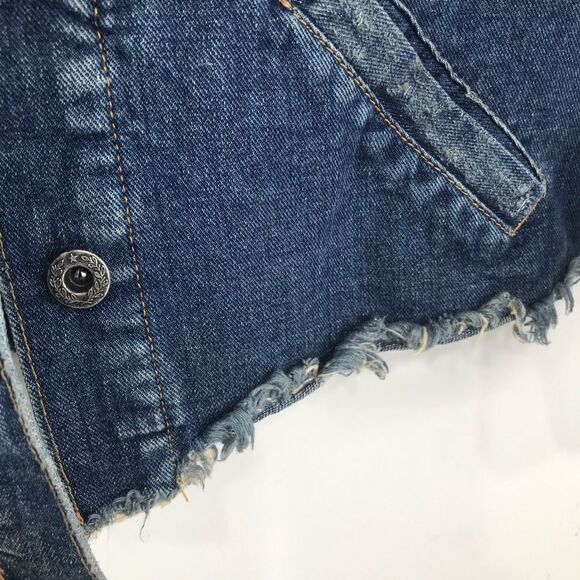 Free People Blue Cotton Denim Factory Distressed Button Crop Jacket - Picture 13 of 16